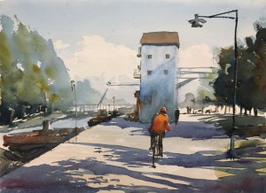 Cycling along Fyrisån, watercolor by Stefan Gadnell